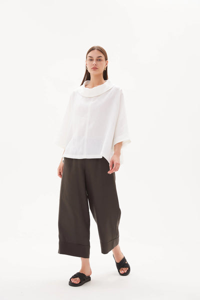 White Blouse Top with Funnel Neck and hi low hem in linen