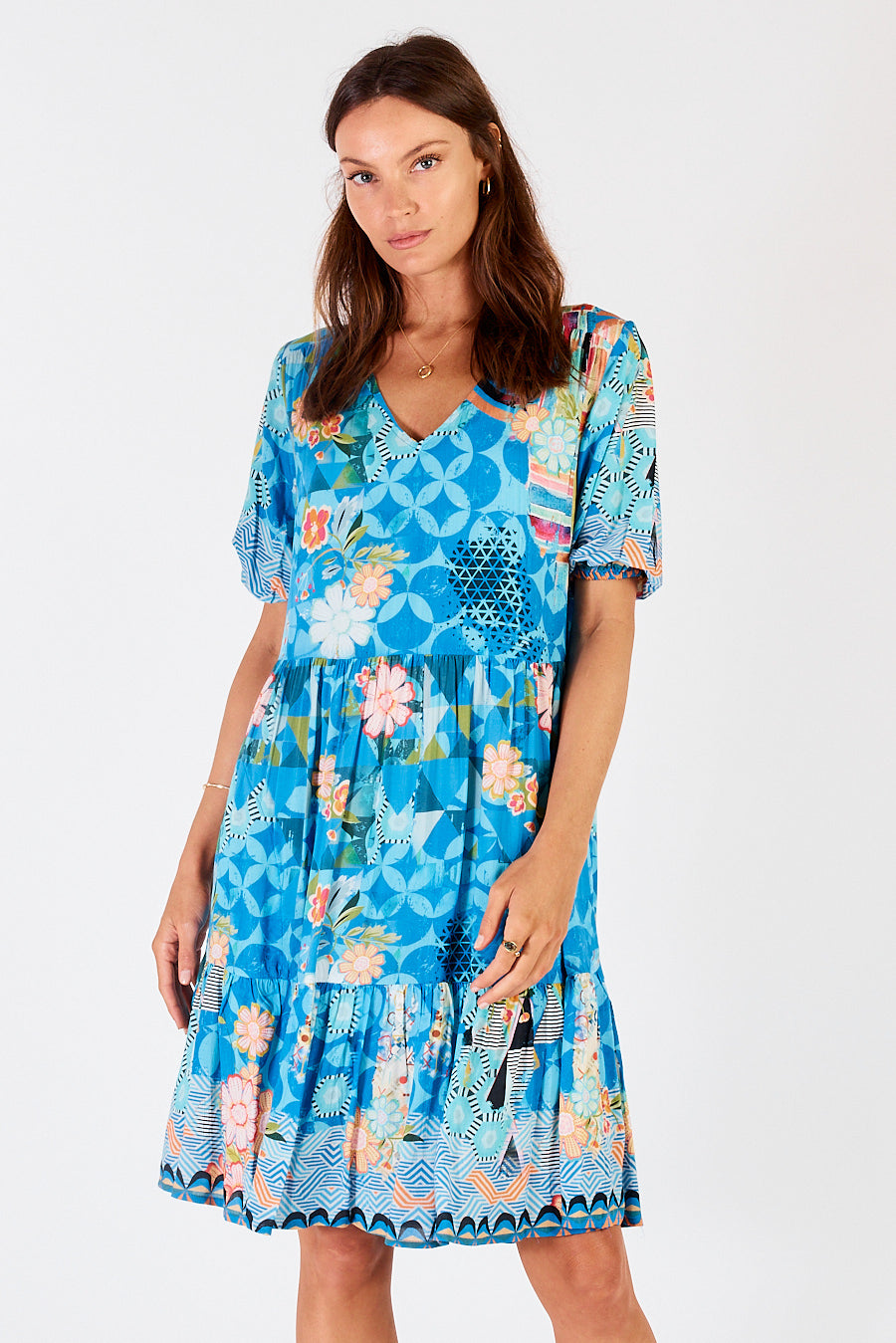 Women's Blue, white, Orange, geometric and flower print Amalfi midi dress by LulaSoul.