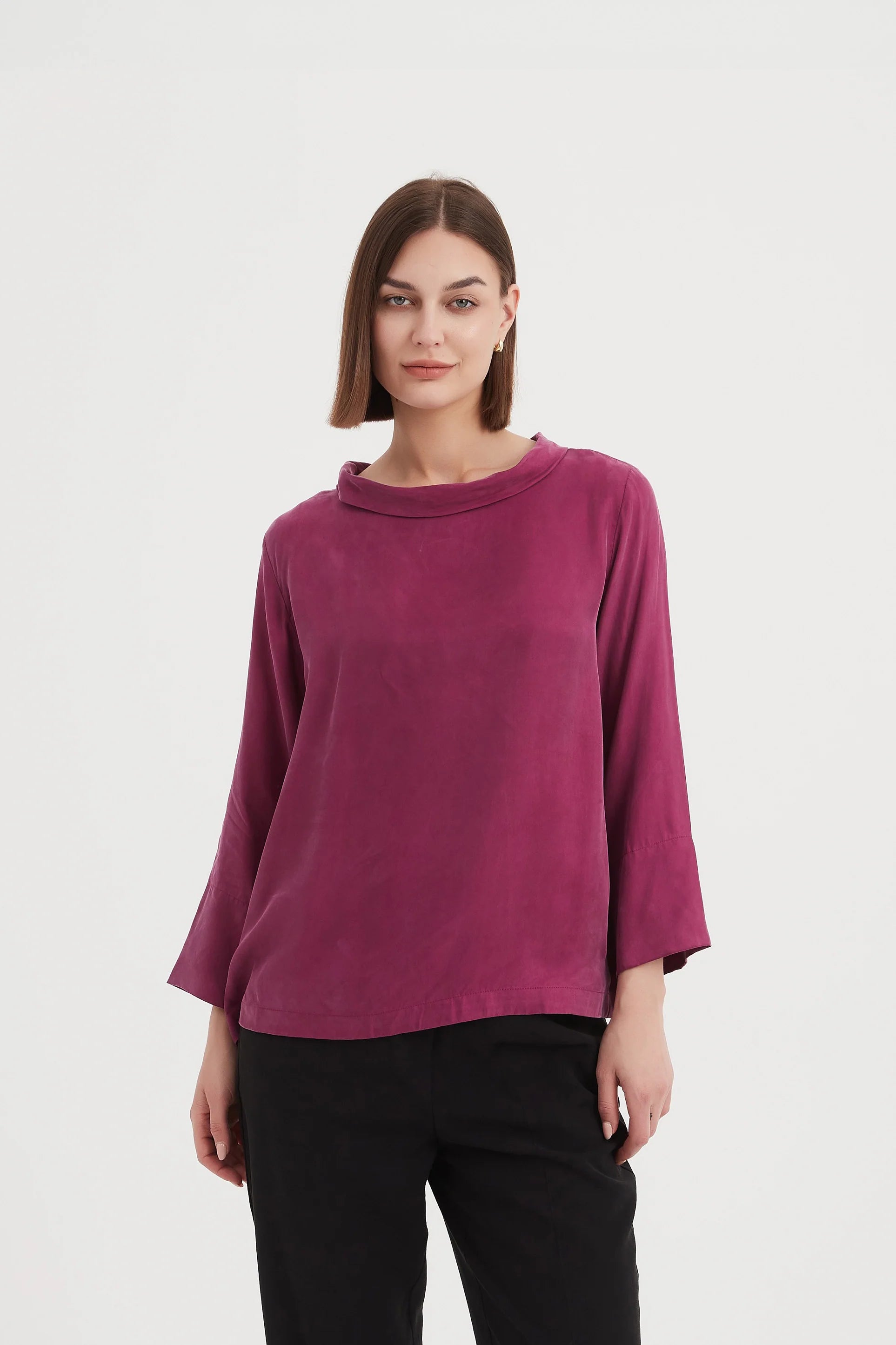 Fuchsia Pink Tirelli Bell Sleeve Mock Turtleneck Top 