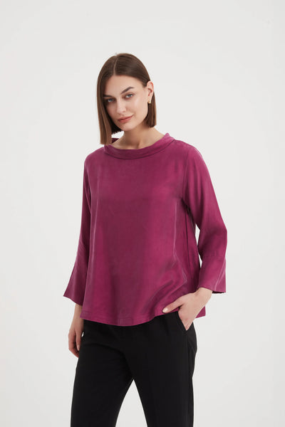Ladies Women's Fuchsia Pink long sleeve blouse top by Tirelli Mock Neck