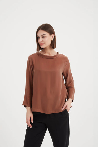 Tirelli Top with Mock Neck, Long Bell Sleeves in Mocha