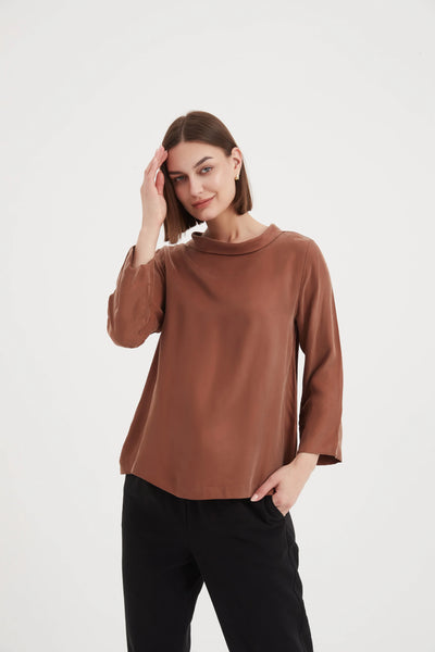 Ladies Women's brown long sleeve blouse top by Tirelli Mock Neck
