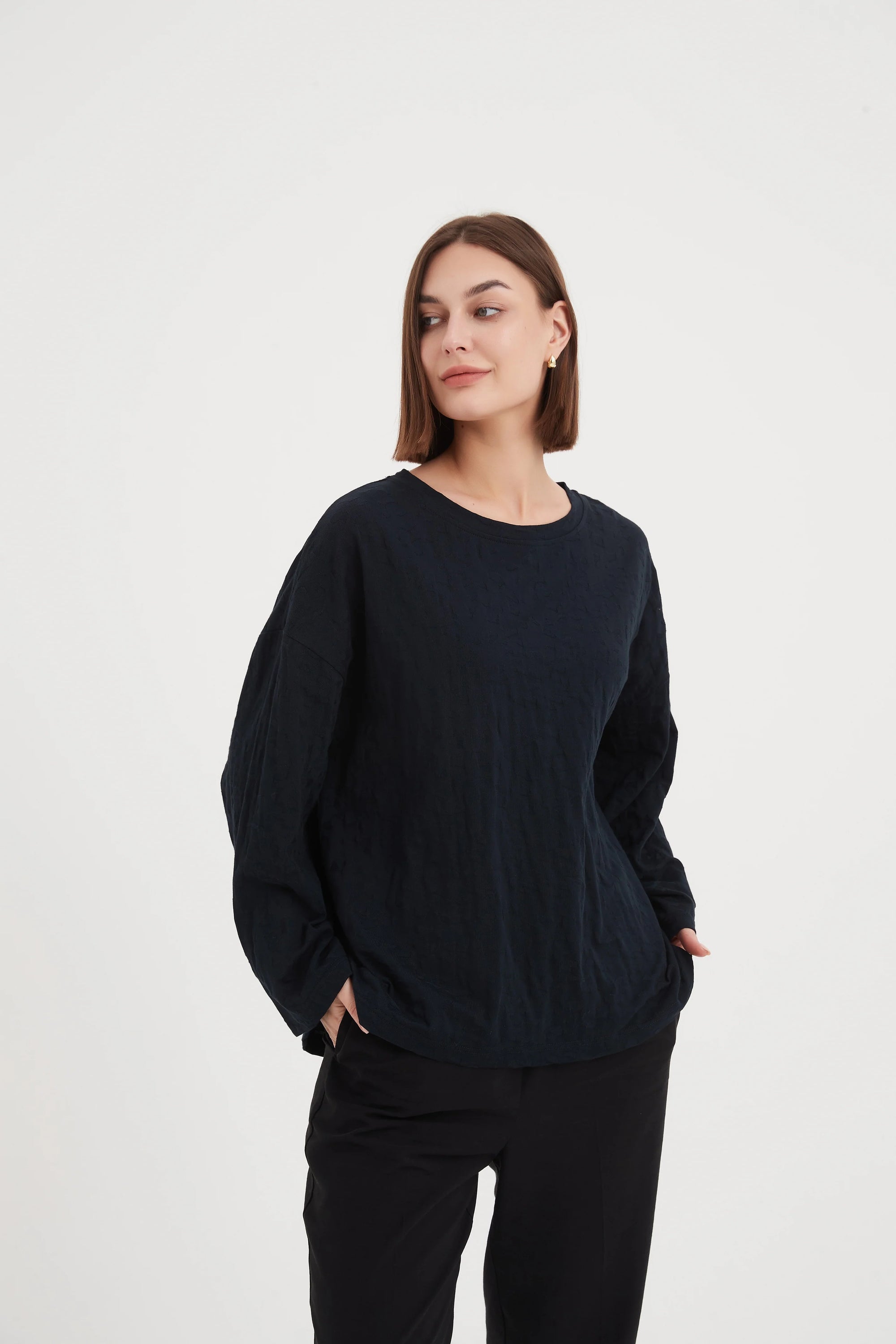 Ladies black long wide sleeve Jacquard Top 