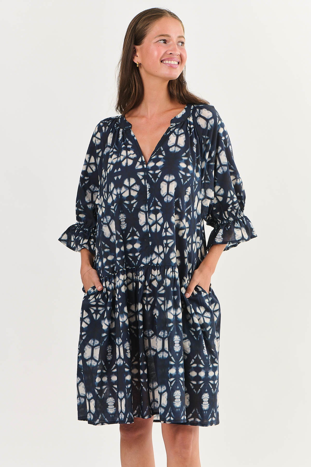 Bold navy blue and white geometric tie dye print knee length midi dress.
