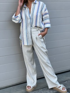 Little Lies Natural Eva Pleated Linen Pants in full length with button a zip closure.
