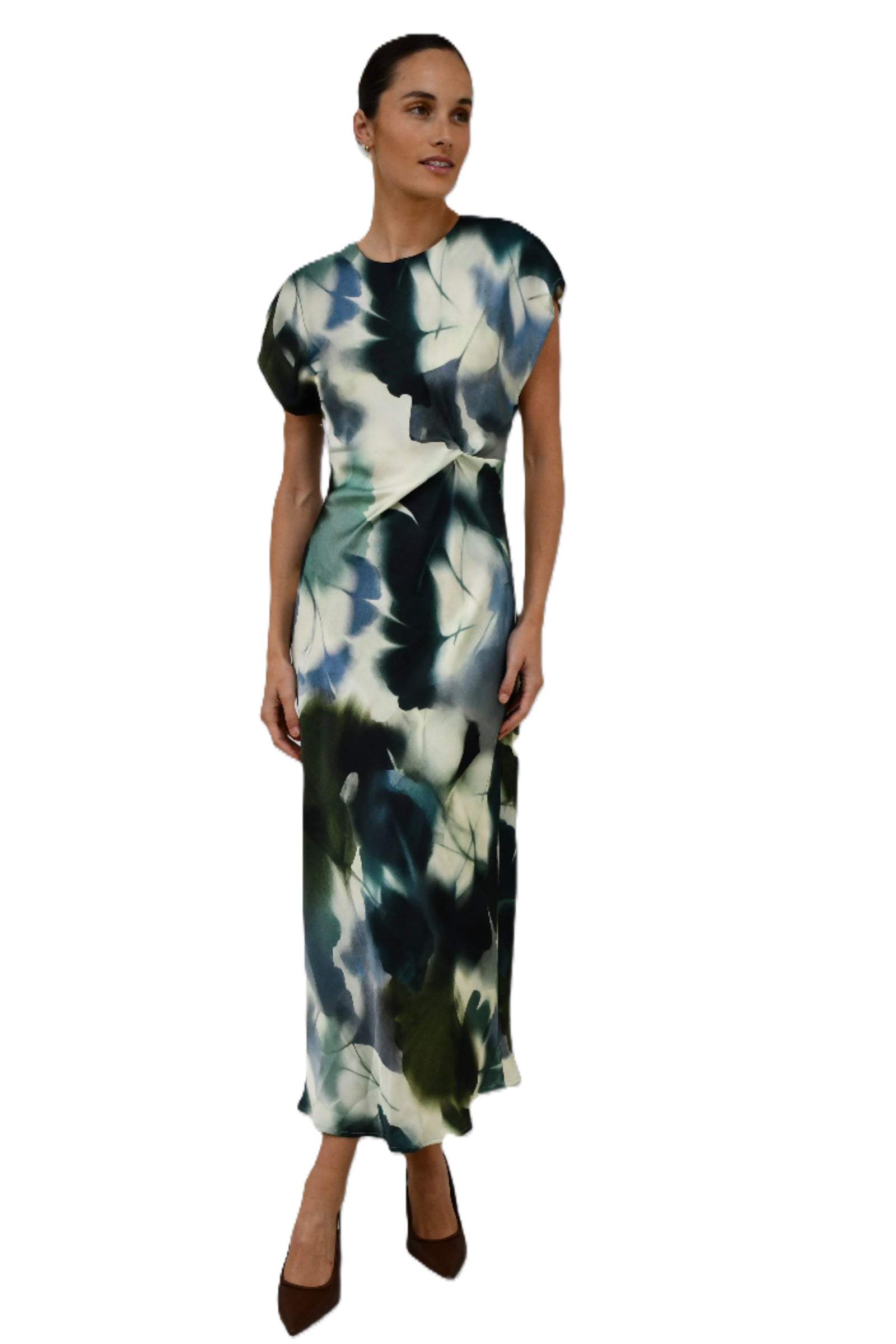 Abstract Satin Twist-Front Maxi Dress