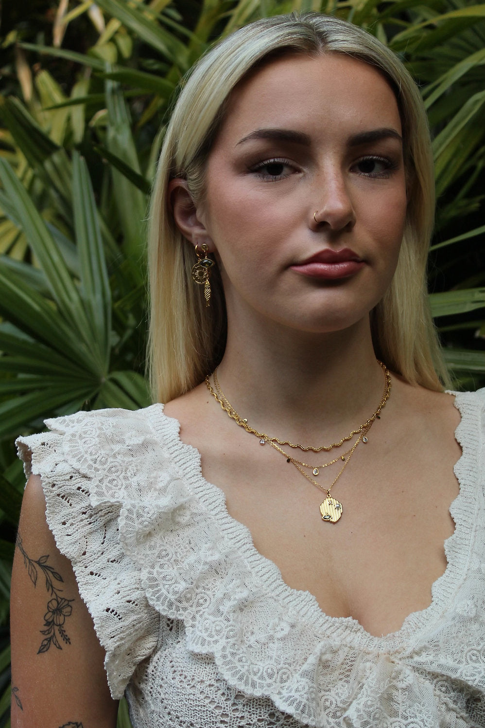 Gold Disc with Pearl and Marquise Pendant Necklace