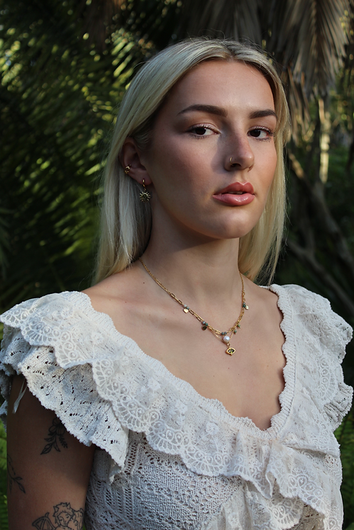 Green Agate and Pearl Charm Necklace