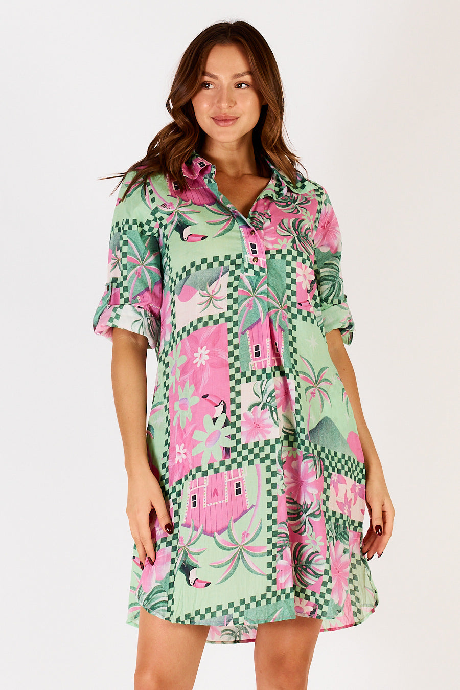 Audrey Shirtmaker Midi Dress in Tropical Sea by Lulalife.