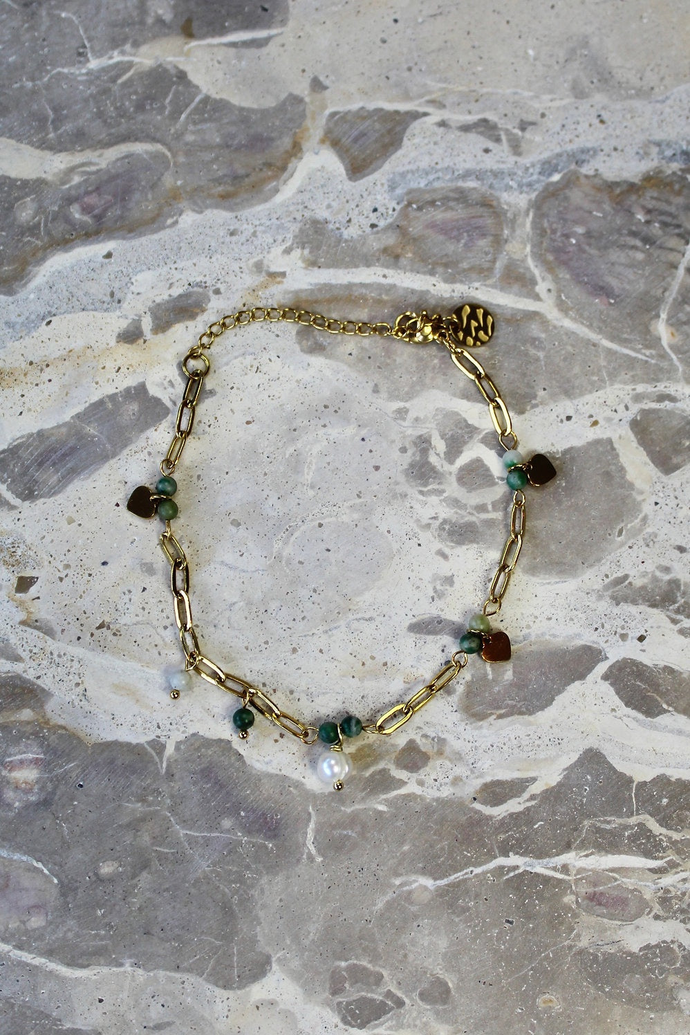 Green Agate and Pearl Charm Bracelet