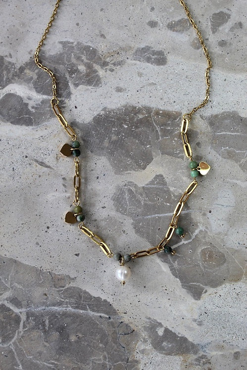 Green Agate and Pearl Charm Necklace