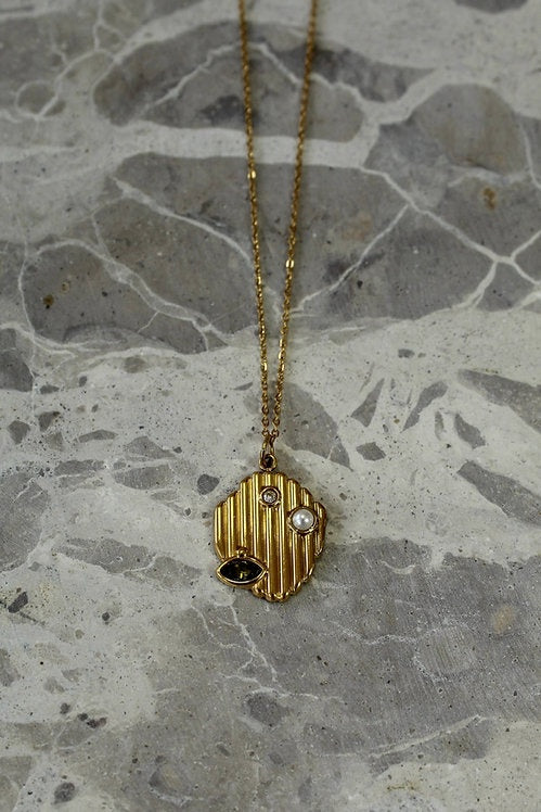 Gold Disc with Pearl and Marquise Pendant Necklace