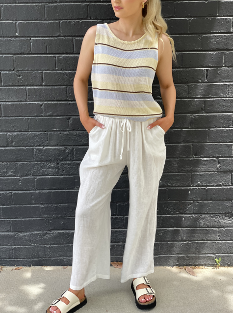Sleeveless Knit Top in Yellow, Blue, Brown and White Horizontal Stripes by Little Lies.