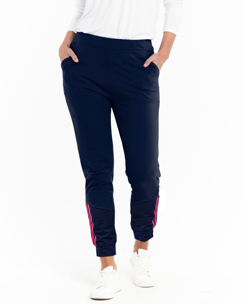 Queens midnight jogger bottoms with ruby pink racer stripes on bottom of leg