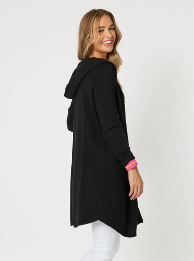 Side view of the ella long line cardigan. shaped hem and hood in black.