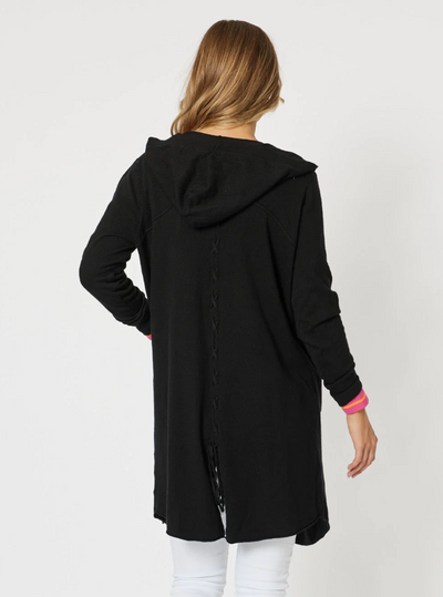 Black Long Line Knit cardigan in black with stitching detail crosses ending in a tie at the split