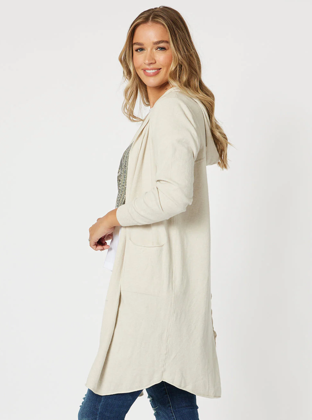 Natural Ella Mid Thigh Length Knit Cardigan with Hood and shaped hem