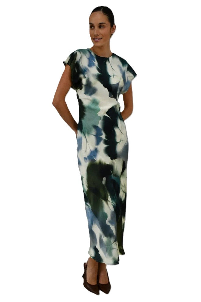 Abstract Satin Twist-Front Maxi Dress