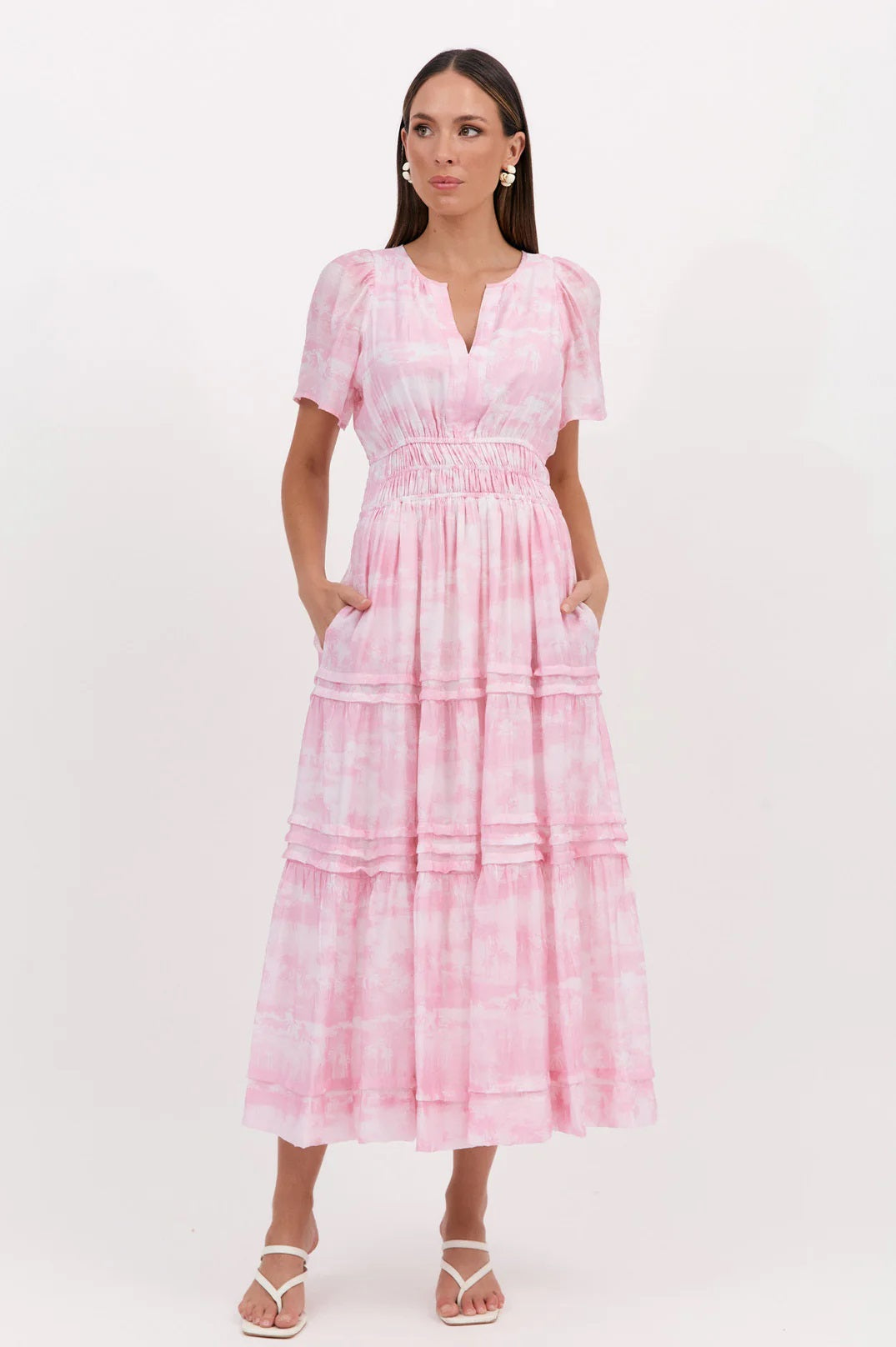 Adorne's Eliana Port Villa Maxi Dress in Pink and White palm tree print.