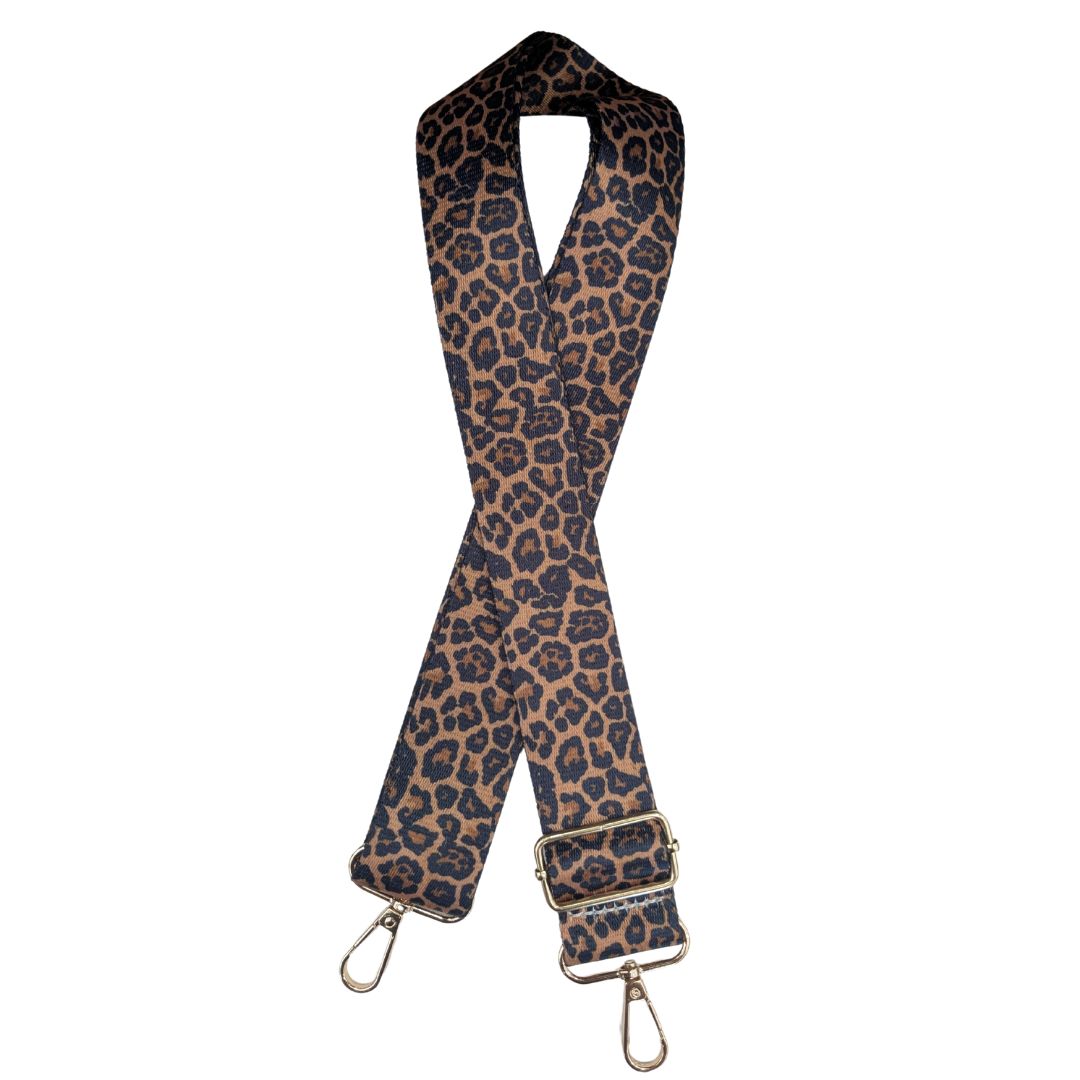 Adjustable Brown and Orange leopard bag strap with gold hardware.