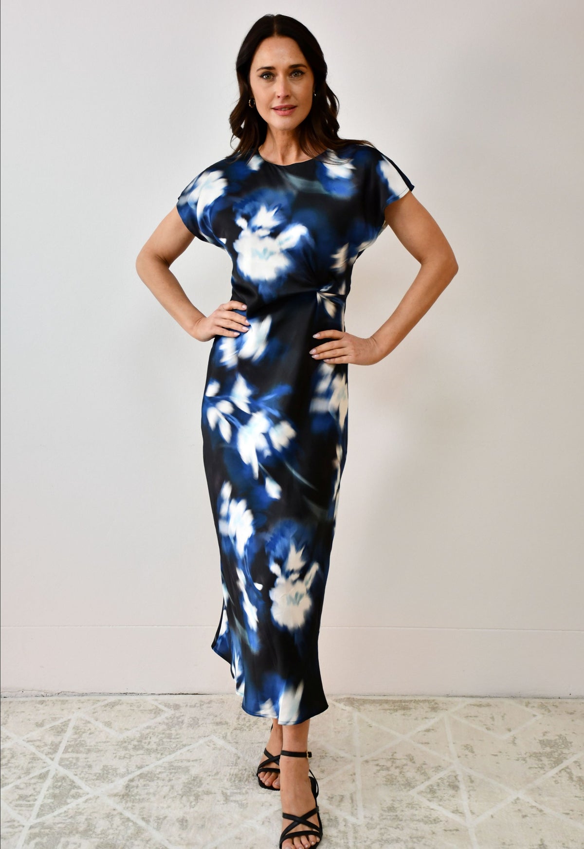Abstract Satin Twist-Front Maxi Dress