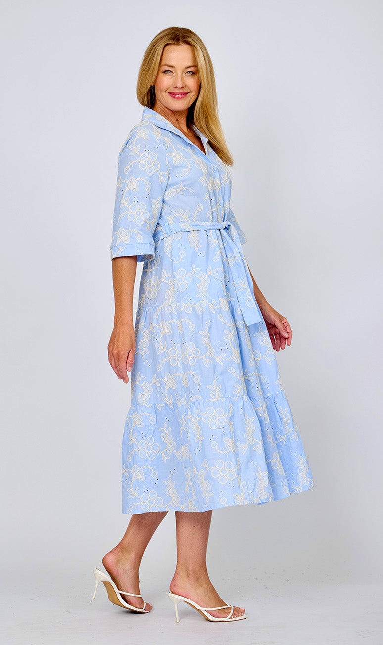 Floral Embroidered Tiered Shirt Dress