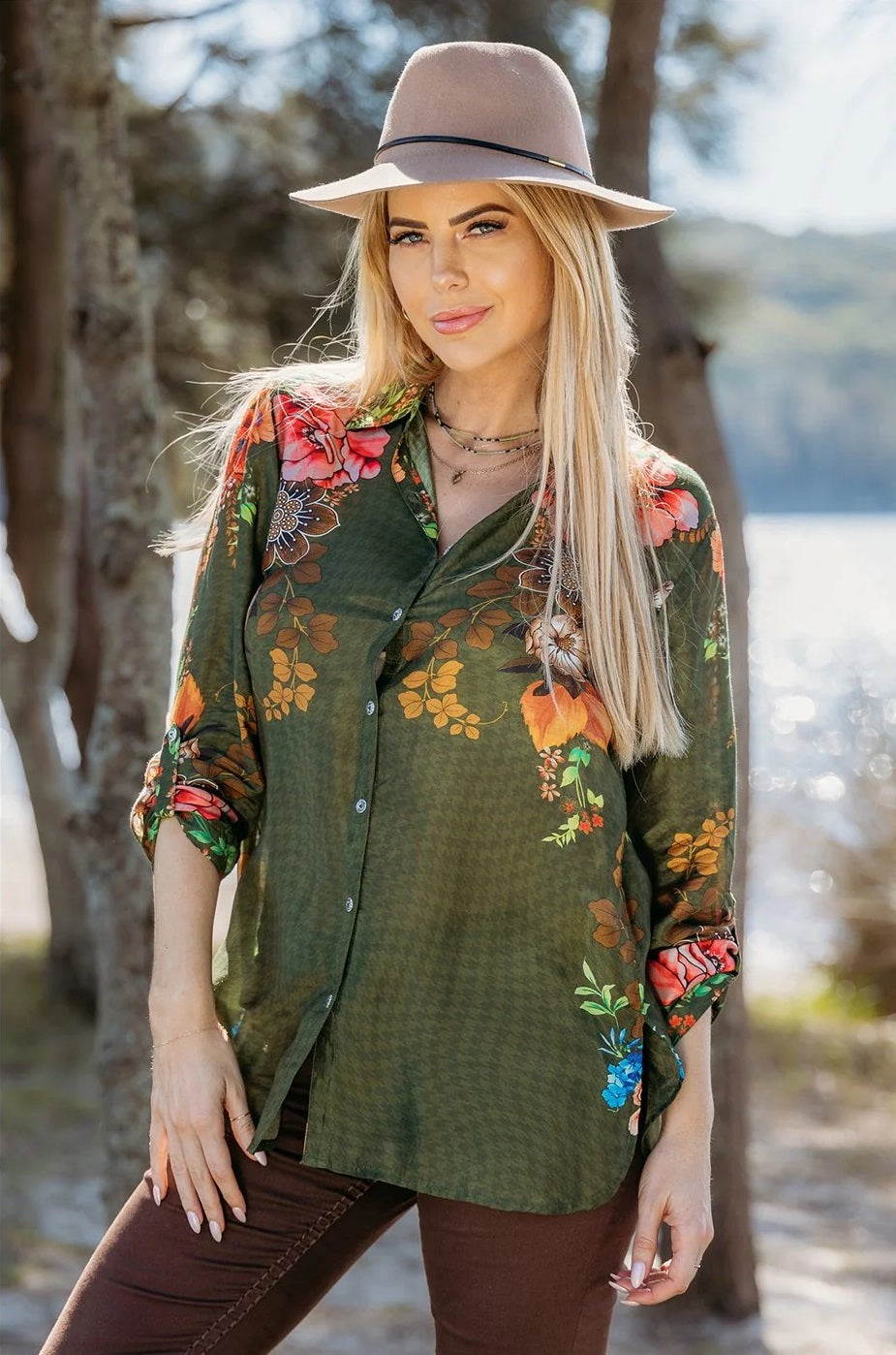 Cienna Ladies Silk Blend Palmira Green Floral Long Sleeve Shirt.