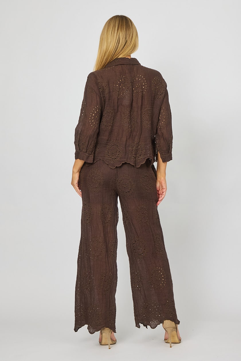 Linen Broderie Anglaise Wide Leg Pants