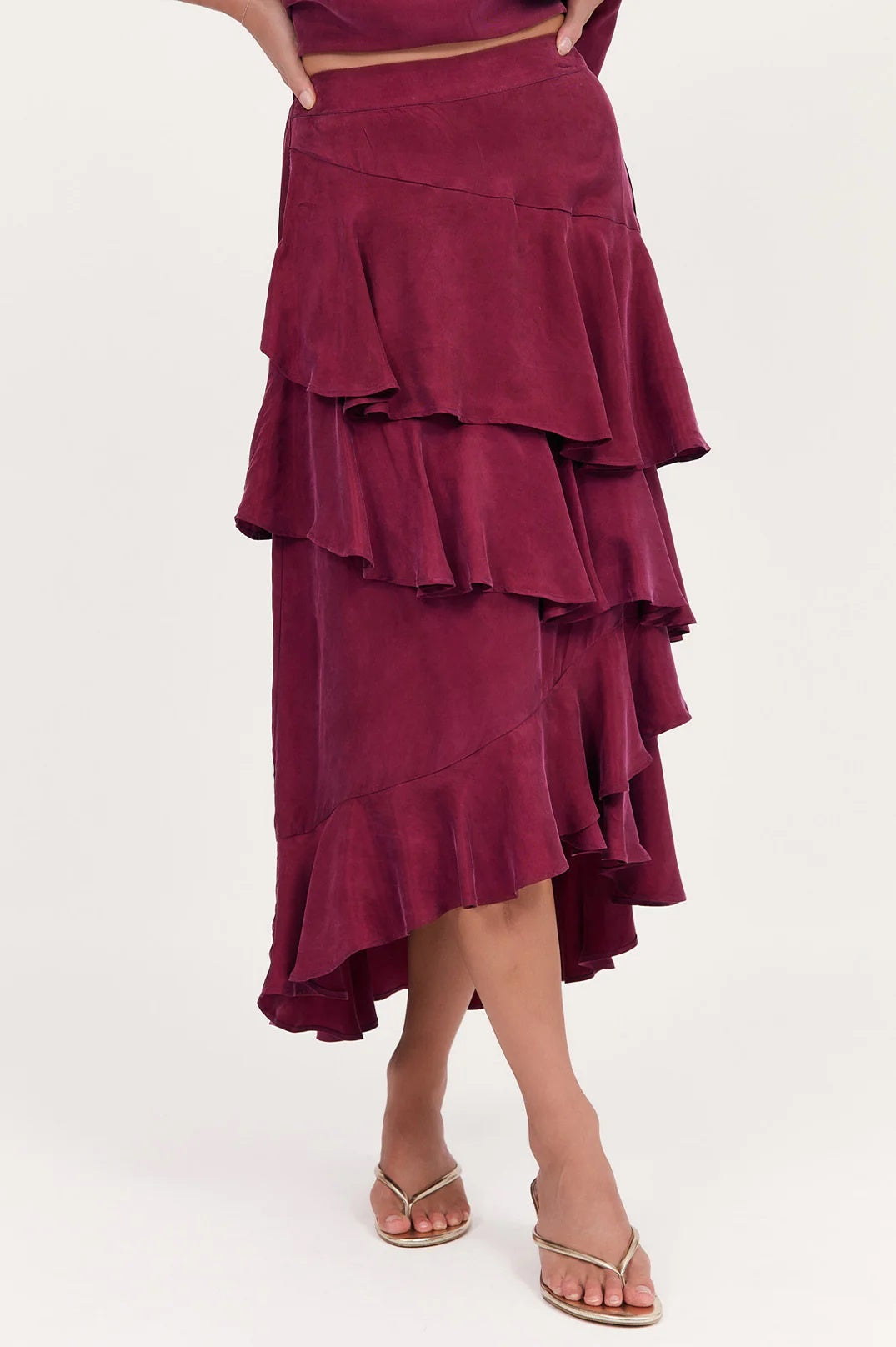 High Low Skirt, below knee length with tiered ruffles / Frills in cupro burgundy by Adorne.
