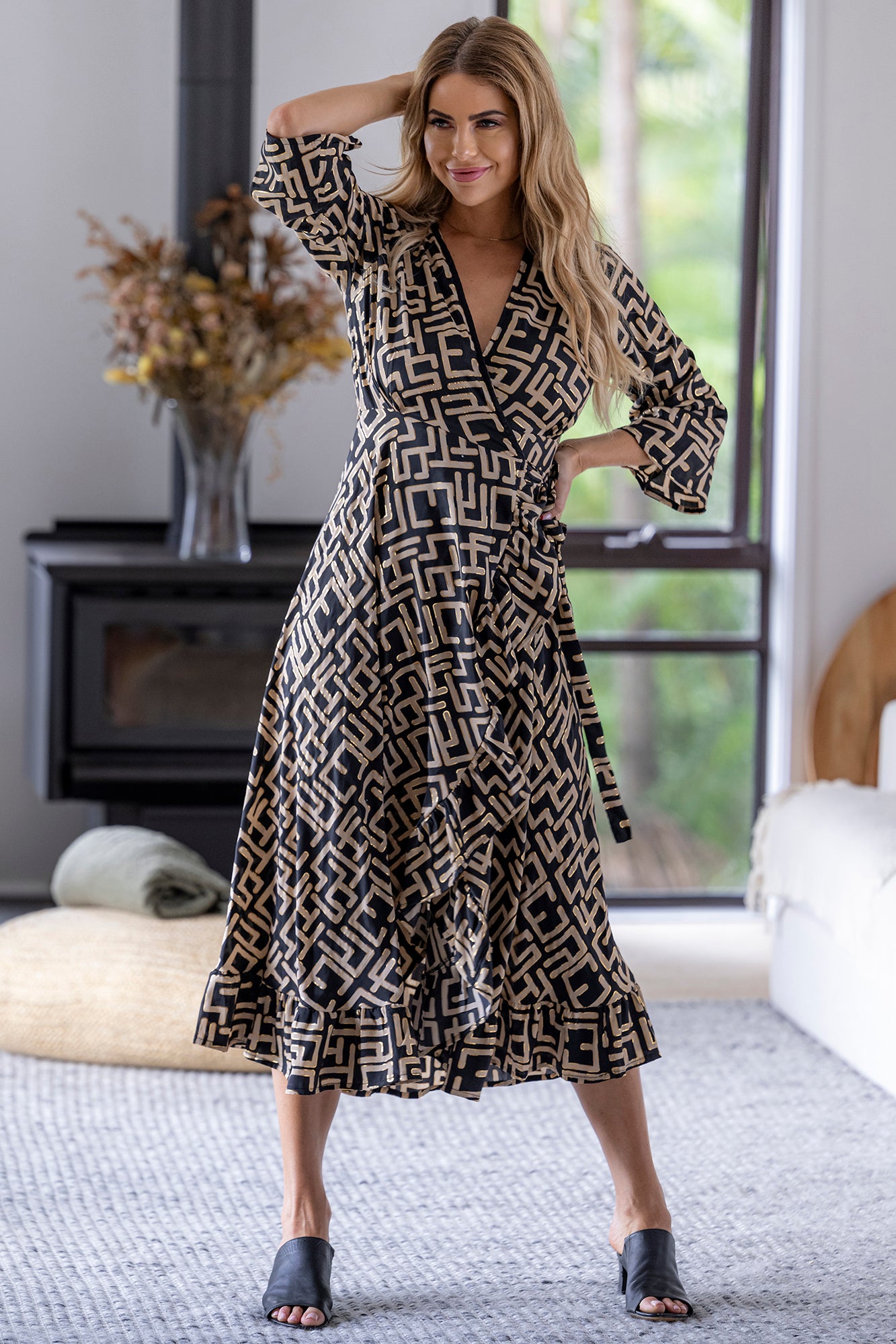 Geo Long Sleeve Wrap Dress