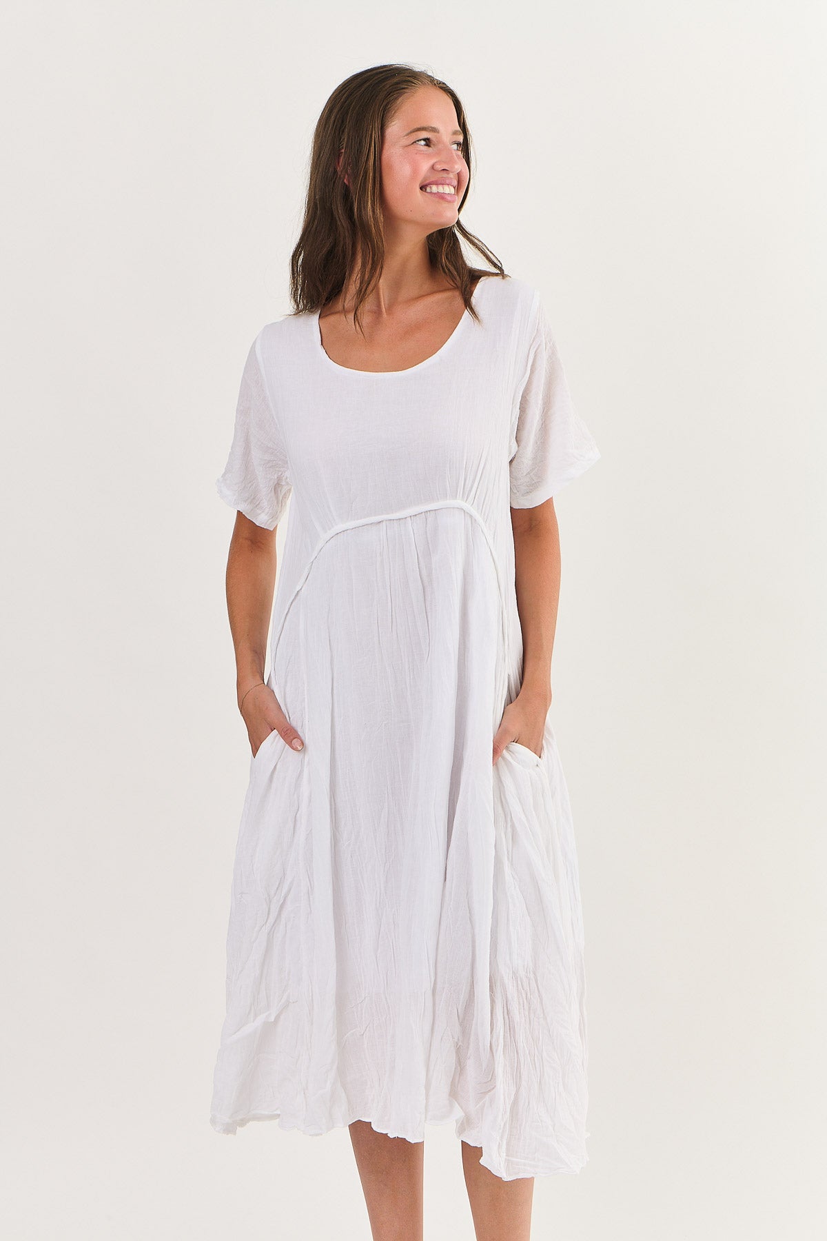 White Crinkle Cotton Midi Pocket Dress by Namastai.