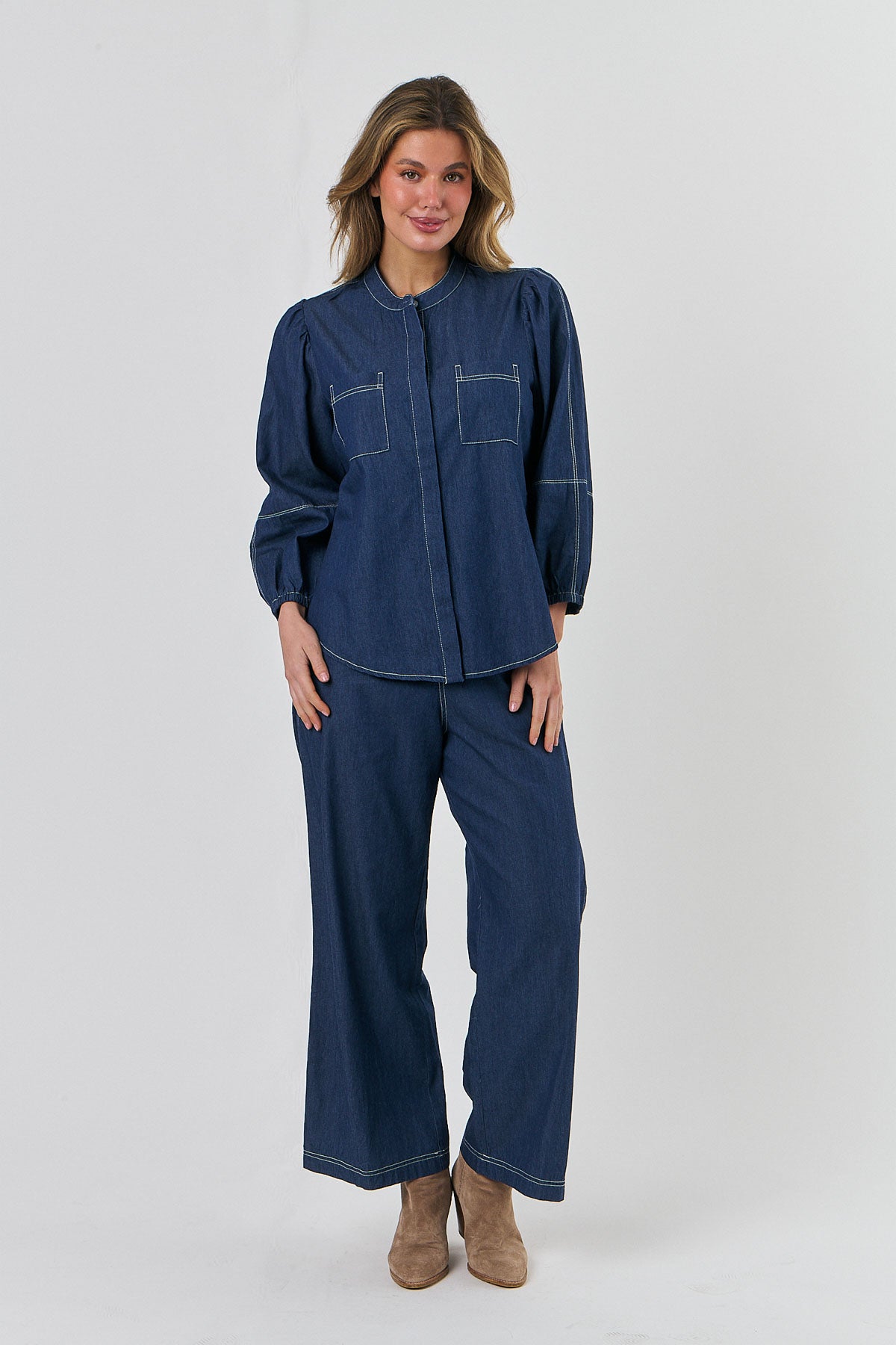 Naturals by O&J Contrasting Stitch Shirt in Dark Denim Blue with long sleeves and curved hem with a grandpa collar.