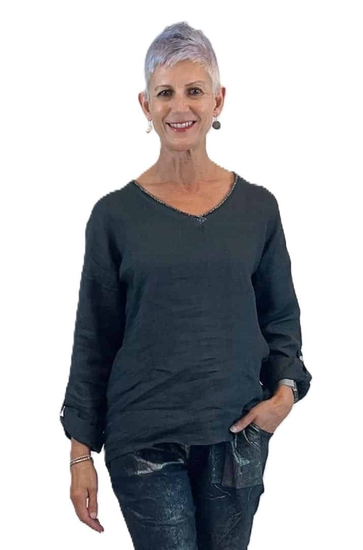 Silver Trim V-Neck Top