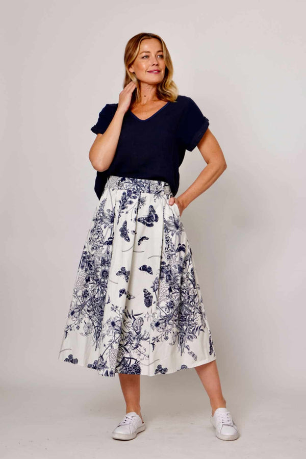 Butterfly Pleated Skirt in Navy and White by La Strada Kindred