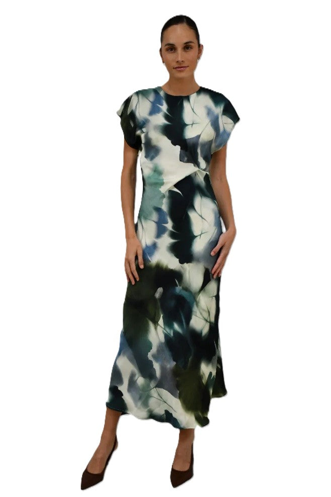 Abstract Satin Twist-Front Maxi Dress