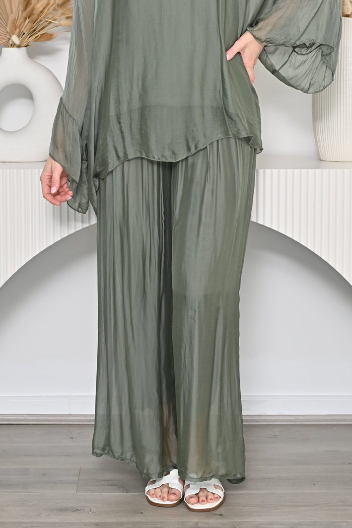 Elastic Wide Band Waist Silk Pant