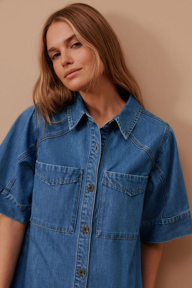 Ava Short Sleeve Yoke Detail Mini Dress