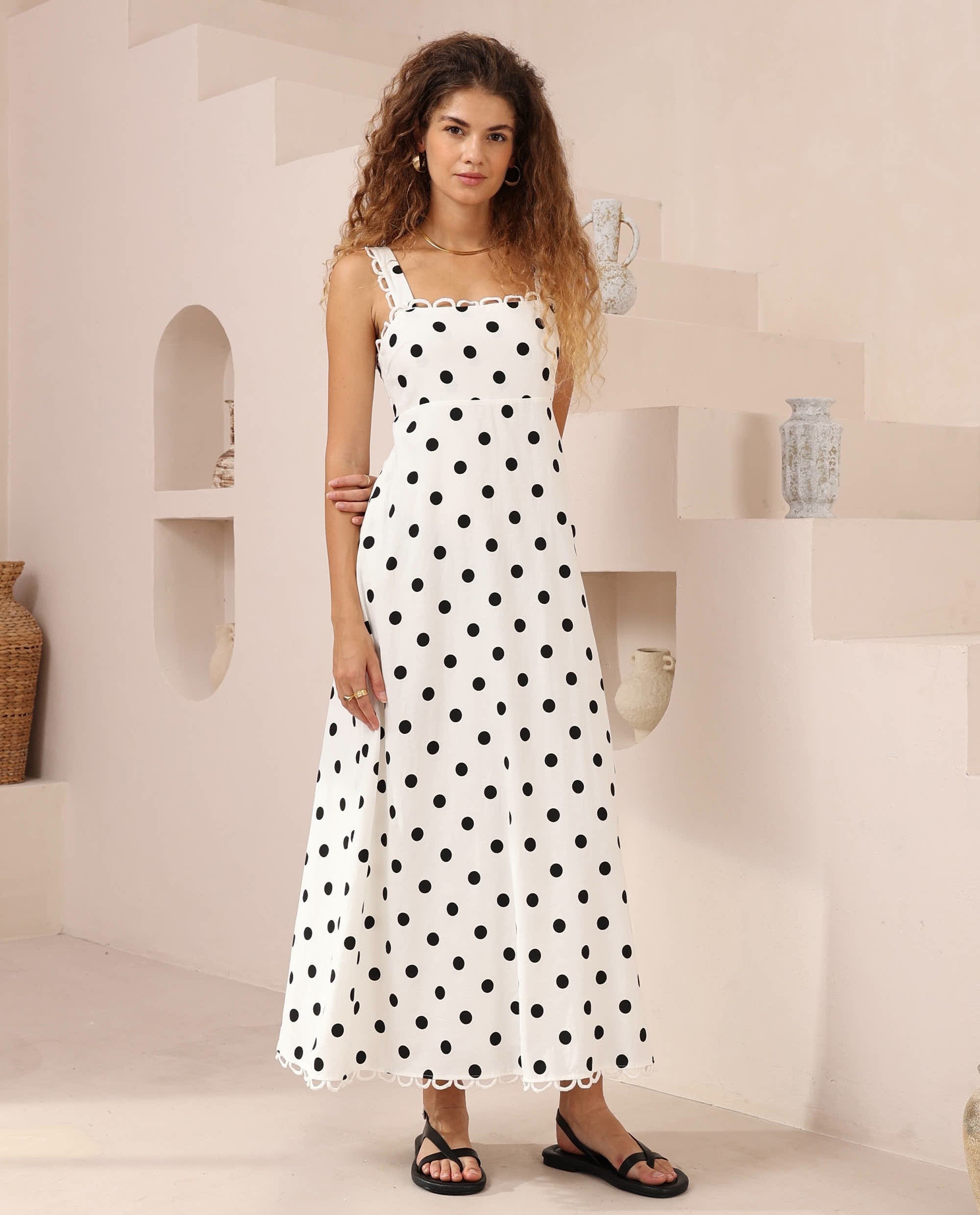 white maxi dress with black polka dots Queen of the Polka Dots Maxi Dress - White and Black