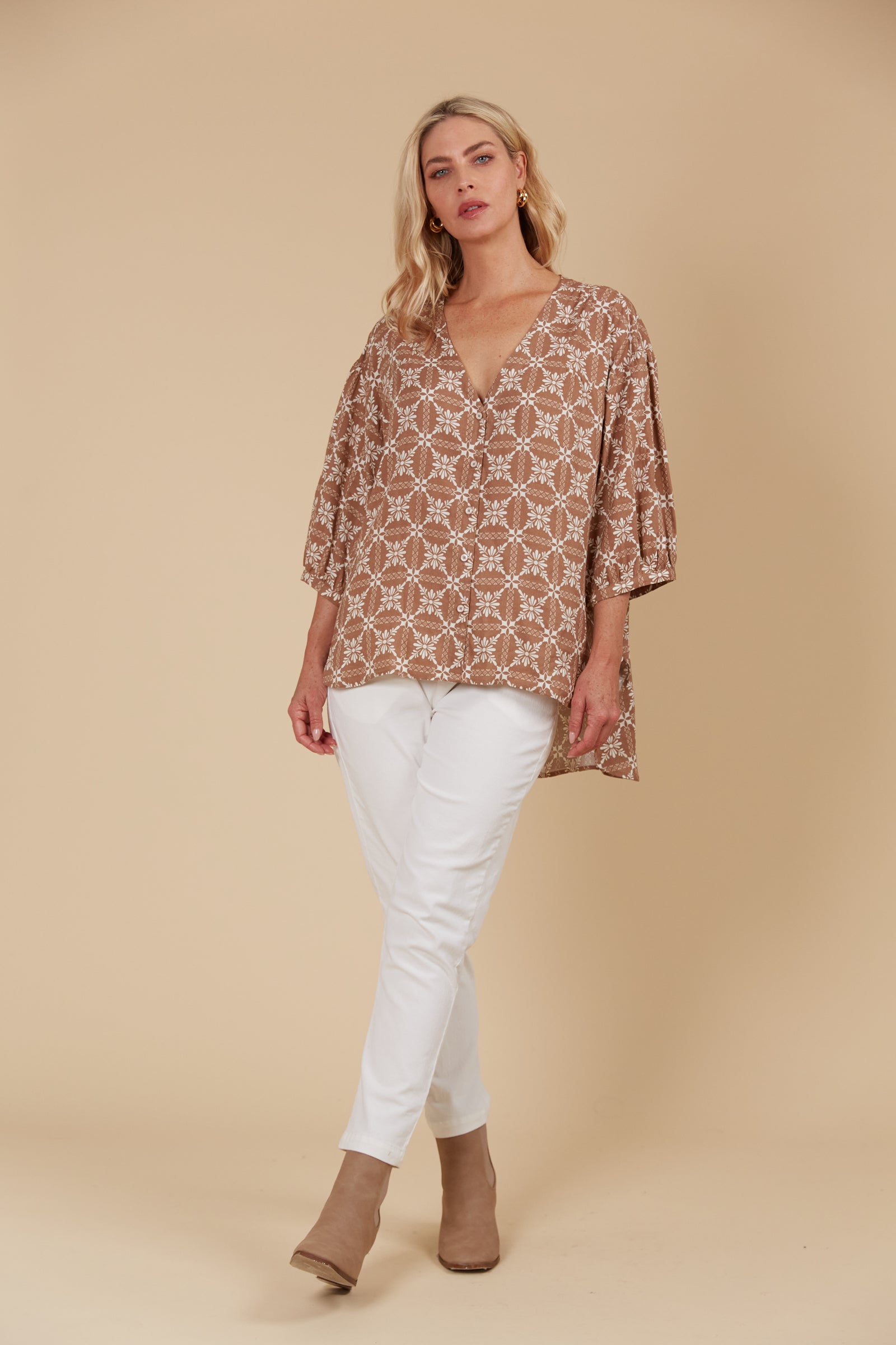 Venus Relaxed Top in Deity a floral geometric top in brown and white by Isle of Mine.