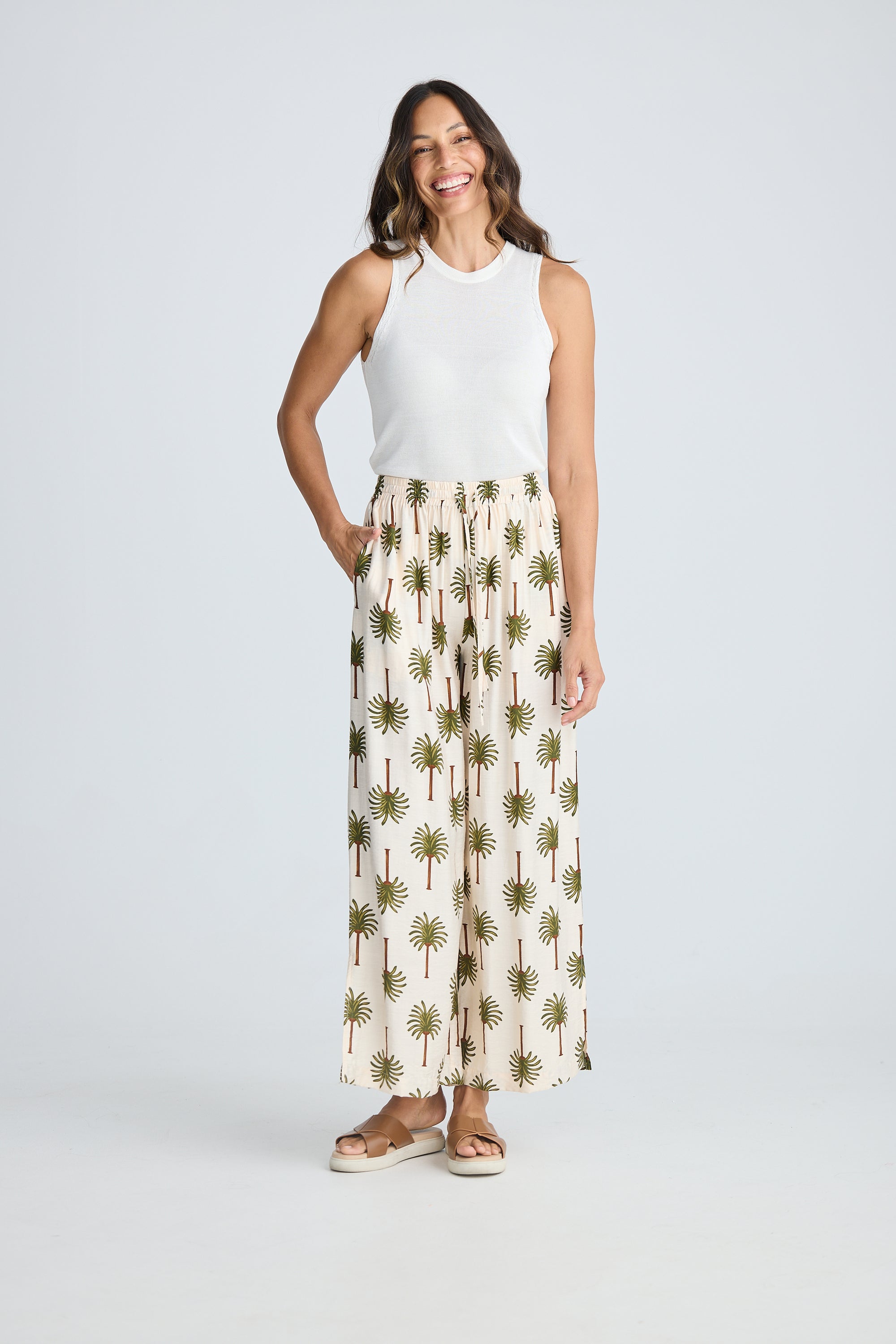 Fly Away Pant - Ivory Palm Print