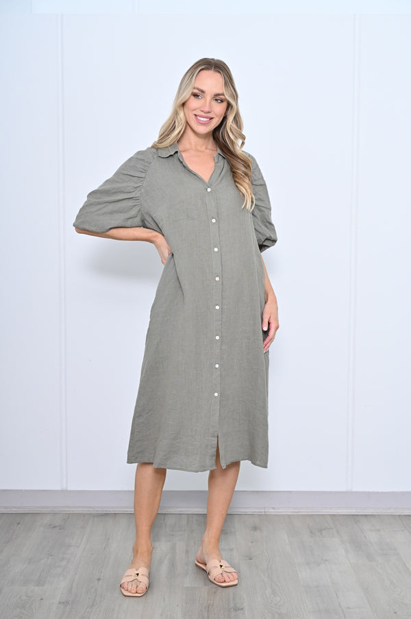 Puff Sleeve Linen Shirt Dress in Khaki by Cali&Co - Kindred Spirit -  Kindred Spirit Boutique & Gift