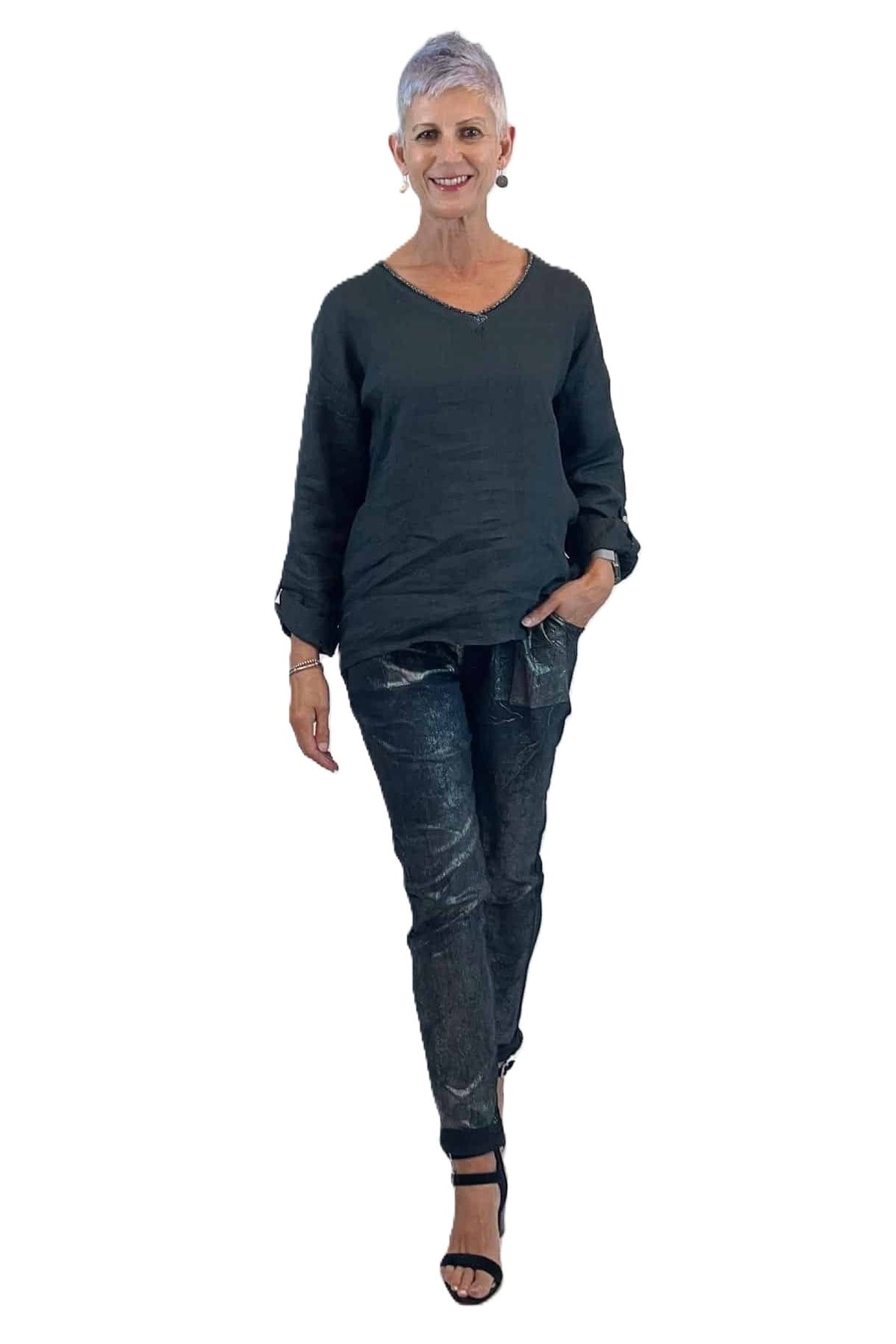 Silver Trim V-Neck Top