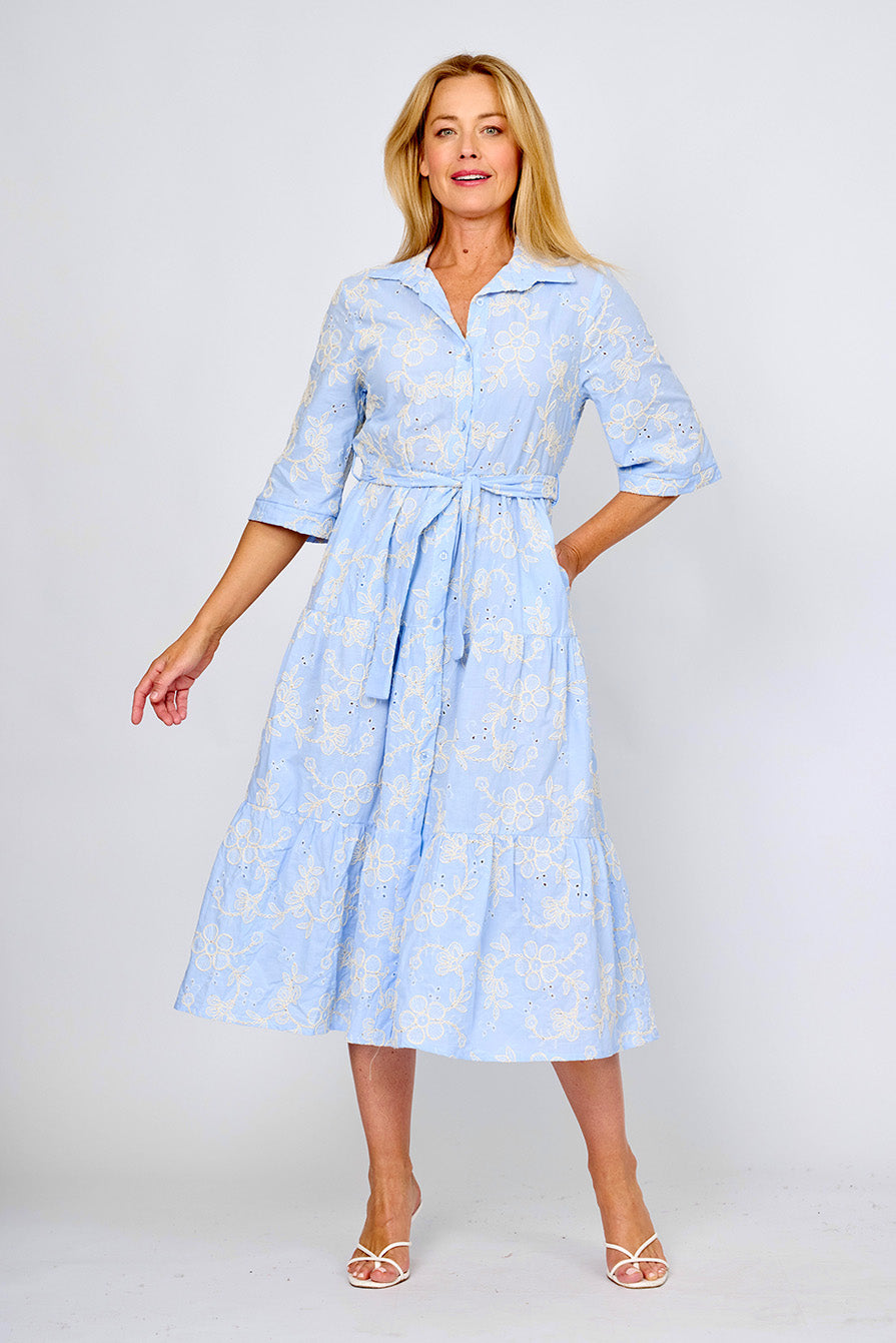 Floral Embroidered Tiered Shirt Dress in Blue and White by La Strada - Kindred Spirit - Kindred Spirit Boutique & Gift Floral Embroidered Tiered Shirt Dress in Blue and White by La Strada - Kindred Spirit - Kindred Spirit Boutique & Gift