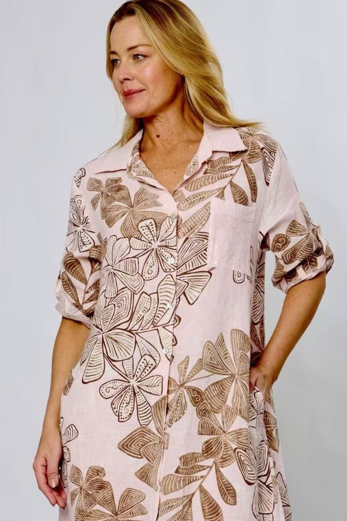 Frill Hem Shirt Dress in Pink and Brown Floral Leaf Print by La Strada - Kindred Spirit - Kindred Spirit Boutique & Gift Frill Hem Shirt Dress in Pink and Brown Floral Leaf Print by La Strada - Kindred Spirit - Kindred Spirit Boutique & Gift