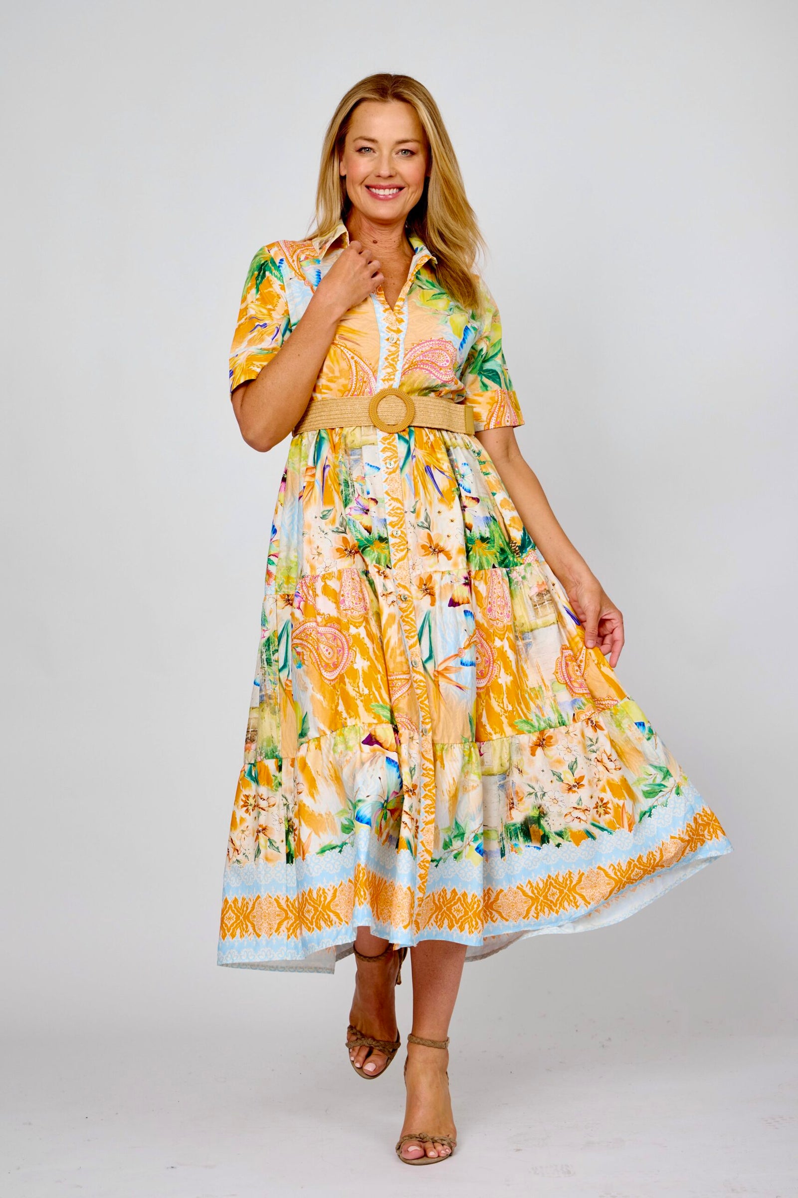 Tropical Belted Tiered Shirt Dress