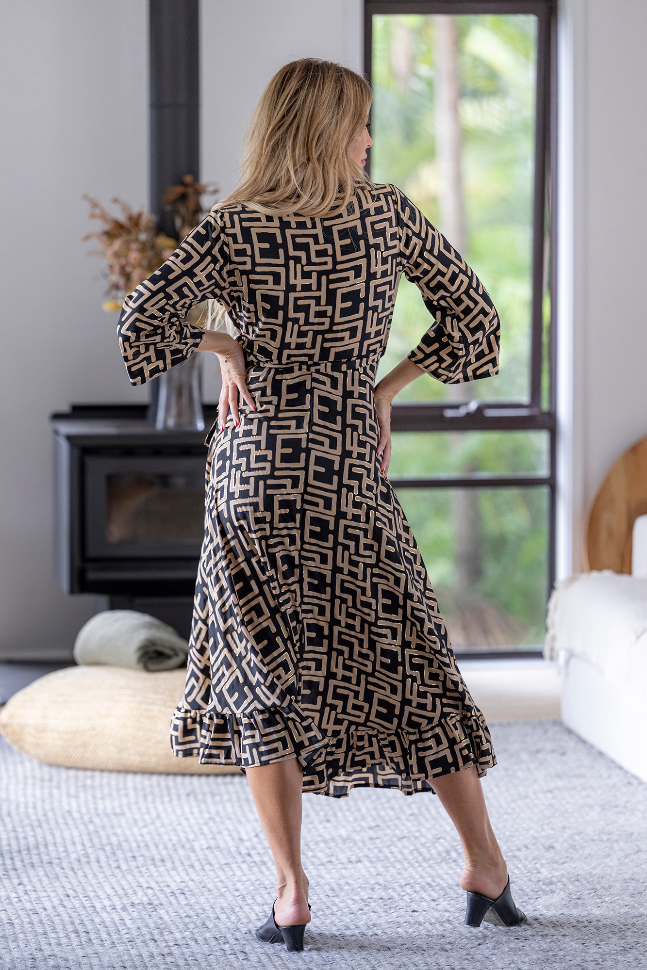 Geo Long Sleeve Wrap Dress
