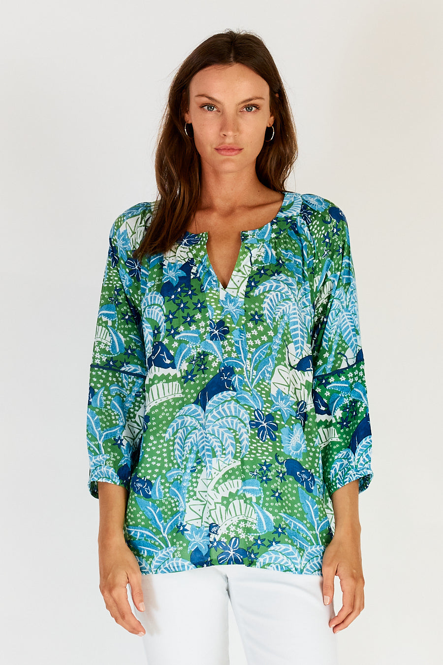 Model wearing LulaSoul's Tivoli Top in Sea with 3/4 sleeves. 