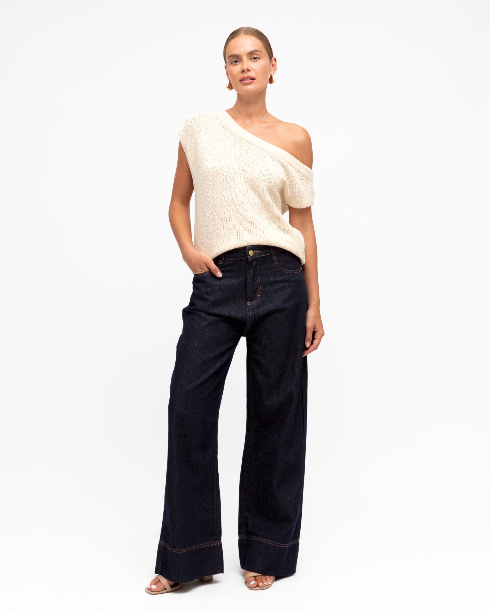 Woman wearing the White Closet Indigo Hues Wide Leg jeans.