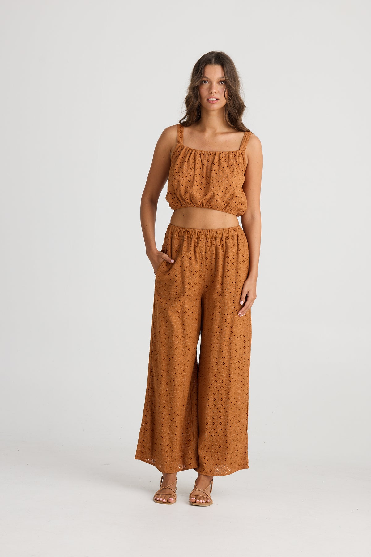 Talisman Isla Relaxed Cotton Pant in Tan Brown Broderie.