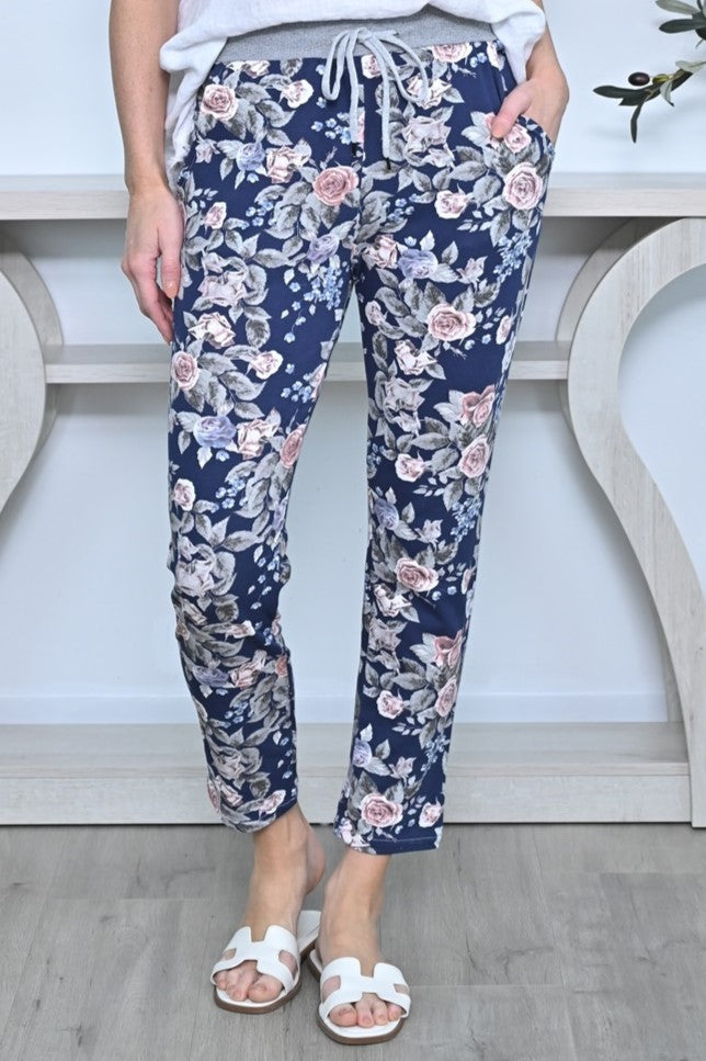 Rib Waist Stretch Floral Pants